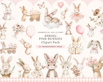 Op de afbeelding: Watercolor clipartpakket met verschillende schattige roze konijntjes met bloemenaccenten, ballonnen en vlinders. De afbeelding bevat de tekst "Spring Pink Bunnies Clipart Pack" en "41 Transparent PNGs".