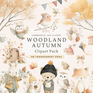 Op de afbeelding: Watercolor clipart pakket met bosdieren en herfst elementen. Bevat een konijn, beer, vos, uil en eekhoorn, samen met bomen, bladeren en een vlieger. De tekst luidt "Woodland Autumn Clipart Pack" met "68 Transparent PNG's".