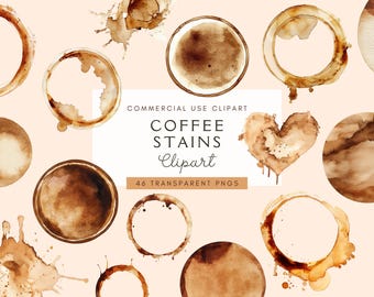 Imágenes prediseñadas de manchas de café / Clip art de café / Salpicadura de acuarela / Manchas de café / Anillo de café digital / Descarga instantánea para uso comercial