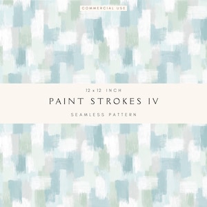Peut inclure: Un motif sans couture avec un design pictural. Le motif présente des coups de pinceau superposés dans des tons de bleu, de vert et de blanc. Le texte "PAINT STROKES IV" est affiché dans une bannière crème, avec les dimensions 30,5 x 30,5 cm.