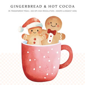 Clipart de chocolate caliente / Lindo hombrecito de jengibre PNG / Clipart de taza de chocolate caliente navideña / Arte invernal acogedor / Descarga digital para scrapbooking imagen 2
