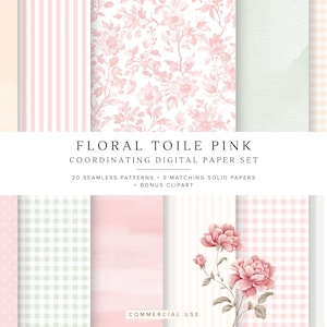 Könnte beinhalten: Ein digitales Papier-Set mit Mustern in Rosa und Weiß, darunter Streifen, Blumenmuster, Punkte und Vichy-Karo. Der Text lautet "FLORAL TOILE PINK" und "COORDINATING DIGITAL PAPER SET". Das Set enthält 20 nahtlose Muster, 5 passende Volltonpapiere und Bonus-Cliparts.