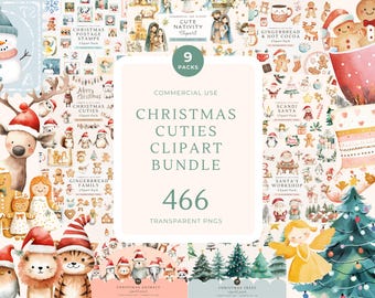 Cute Watercolor Christmas Clipart Bundle | 466 Whimsical Santa & Holiday PNGs