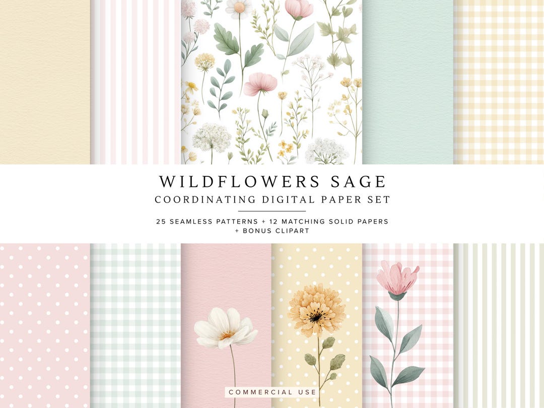 Wildflowers Sage Digital Paper Set | Seamless Floral Patterns, Gingham ...