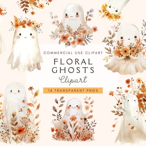 Clipart de fantasma floral / PNG de vibraciones espeluznantes / Fantasma de acuarela con flores / Camiseta retro de Halloween / Clip art de fantasma bohemio / Descarga digital