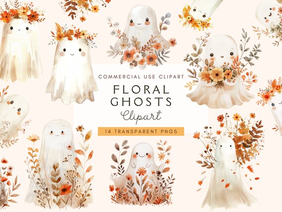 Floral Ghost Clipart | Spooky Vibes PNG | Watercolor Ghost With Flowers | Retro Halloween Shirt | Boho Ghost Clip Art | Digital Download