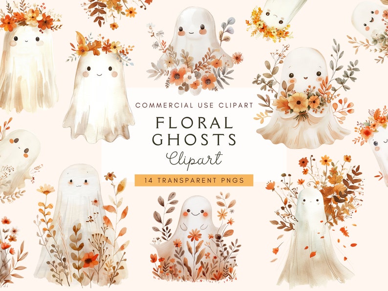Blommig spöke clipart | Spöklika vibbar PNG | Akvarell spöke med blommor | Retro Halloween-tröja | Boho spöke clipart | Digital nedladdning bild 1