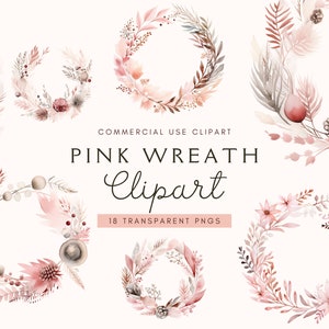 Pink Christmas Wreath Clipart | Merry Christmas | Holidays Watercolor Graphics | Festive Digital Graphic | Watercolor Xmas | Holiday Clipart