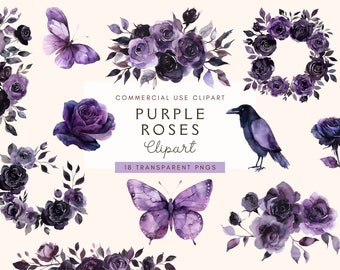Purple Rose Watercolor Clipart | Black Roses Floral Clipart | Beautiful Floral Graphics | Flower | Junk Journals | DIY Clipart | Halloween
