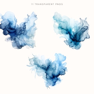 May include: Three abstract watercolor ink blots in shades of blue and white. The blots are in different shapes and sizes, and they are all on a white background.
