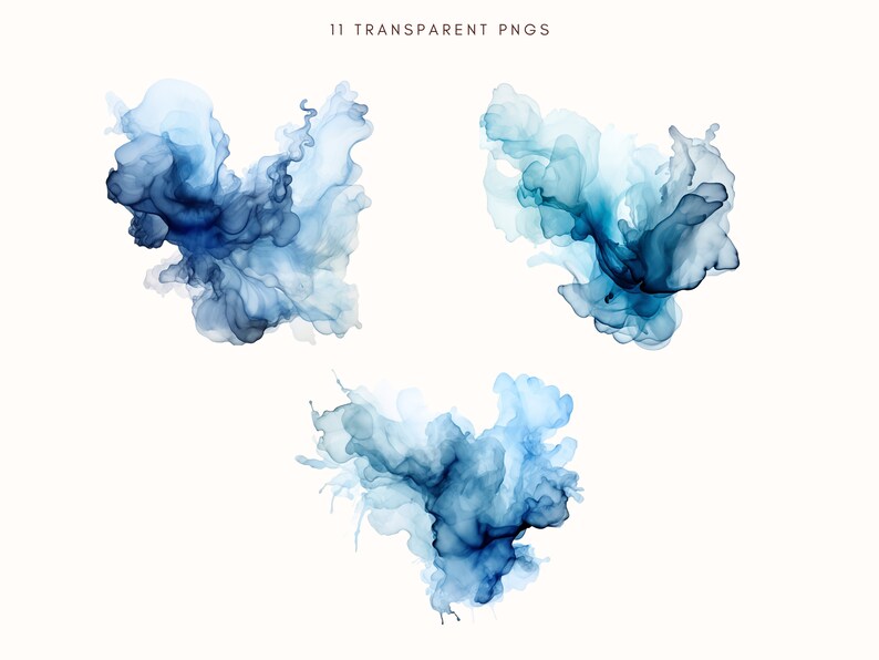 May include: Three abstract watercolor ink blots in shades of blue and white. The blots are in different shapes and sizes, and they are all on a white background.