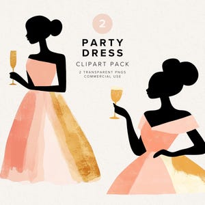 Mulher em Vestidos de Noite Clipart | Menina em Vestido de Festa Clipart | Celebração | Traje Formal | Moda | Rosa | Silhueta | Download Digital