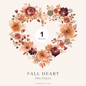 May include: A heart-shaped floral arrangement in watercolour, featuring autumnal colours like orange, burgundy, and green. The design includes various flowers and leaves. The text "FALL HEART" and "PNG Clipart" are visible.