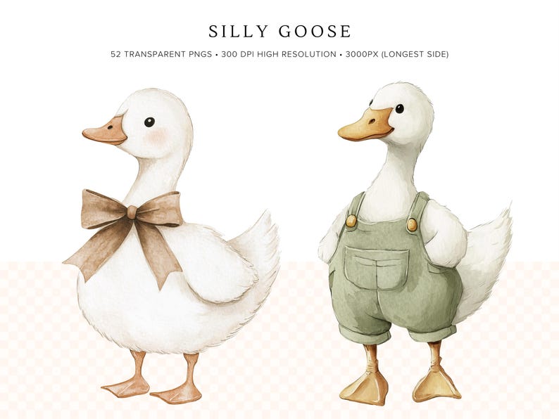 K&ouml;nnte beinhalten: Aquarellillustration von zwei wei&szlig;en G&auml;nsen. Eine Gans tr&auml;gt eine braune Schleife, die andere eine gr&uuml;ne Latzhose. Der Text "SILLY GOOSE" befindet sich oben im Bild.