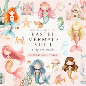 Pack de cliparts sirène pastel | Aquarelle | Journal indésirable | Joli rose PNG | L'été PNG | Graphiques d'invitation | Sous la mer | Utilisation commerciale
