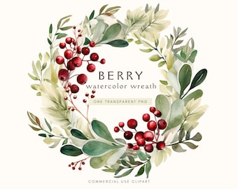 Berry Wreath Clipart | Christmas Watercolour PNG | Commercial Use