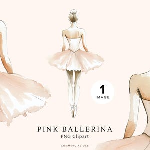 May include: Watercolor illustration of a ballerina in a pink tutu. The ballerina is facing away from the viewer and has her arms at her sides. The illustration is in a soft, romantic style.