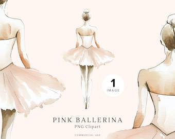 Ballerina Watercolor Clipart in Pink | Cute Ballet Clipart | Printable Art | Back View Dancer Image  | Digital Download PNG | Commercial Use