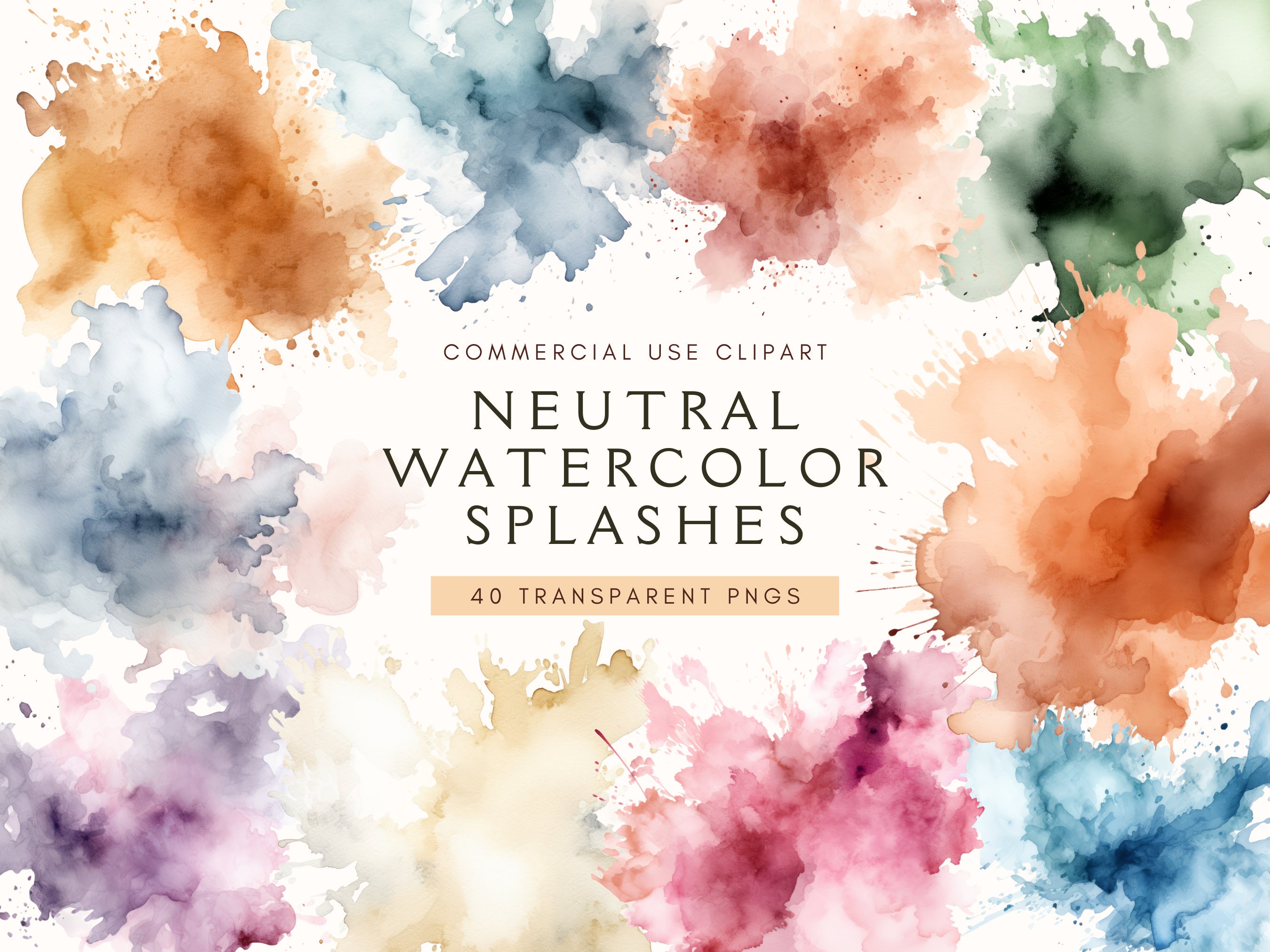Neutral Watercolor Splash Clipart | Splatter | Brown Textures Backgrounds | Splashes Neutral Colors | Earth Tones | Autumn | Brush Strokes