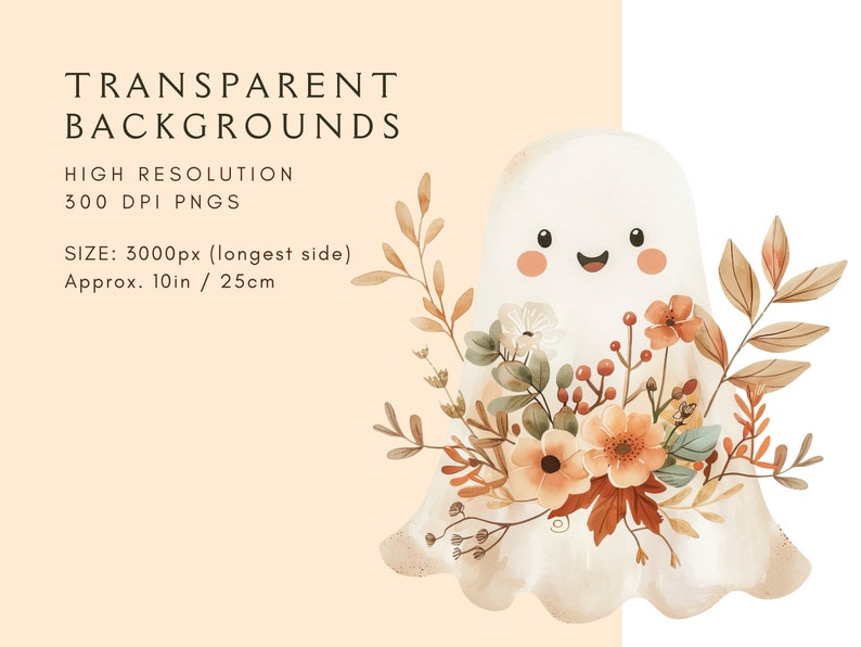 Blommig spöke clipart | Spöklika vibbar PNG | Akvarell spöke med blommor | Retro Halloween-tröja | Boho spöke clipart | Digital nedladdning bild 2