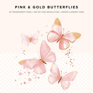 Puede incluir: Un conjunto de 30 ilustraciones digitales de mariposas rosas y doradas. Las mariposas son de estilo acuarela y tienen un aspecto delicado y femenino. Las im&aacute;genes son de alta resoluci&oacute;n y perfectas para usar en scrapbooking digital, creaci&oacute;n de tarjetas y otros proyectos de manualidades.