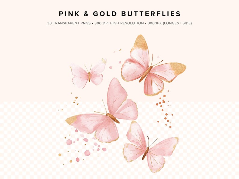 Puede incluir: Un conjunto de 30 ilustraciones digitales de mariposas rosas y doradas. Las mariposas son de estilo acuarela y tienen un aspecto delicado y femenino. Las im&aacute;genes son de alta resoluci&oacute;n y perfectas para usar en scrapbooking digital, creaci&oacute;n de tarjetas y otros proyectos de manualidades.
