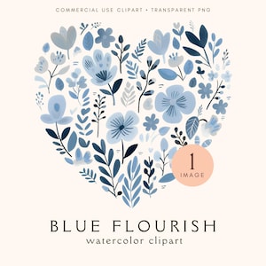 Blue Floral Heart Clipart | Watercolor Hearts Clipart Png | Digital Paper Crafting | Wedding Clip Art | Valentines | Love | Digital Download