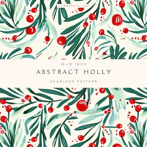 Watercolor Holly Seamless Pattern | Winter Berries | Repeating Pattern | Retro Christmas Foliage | Background Digital Paper | Commercial Use