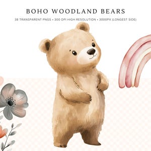 May include: A watercolor illustration of a brown bear standing in front of a pink and white rainbow. The bear is looking to the right and has a sweet expression on its face. The background is a light pink with a white polka dot pattern.