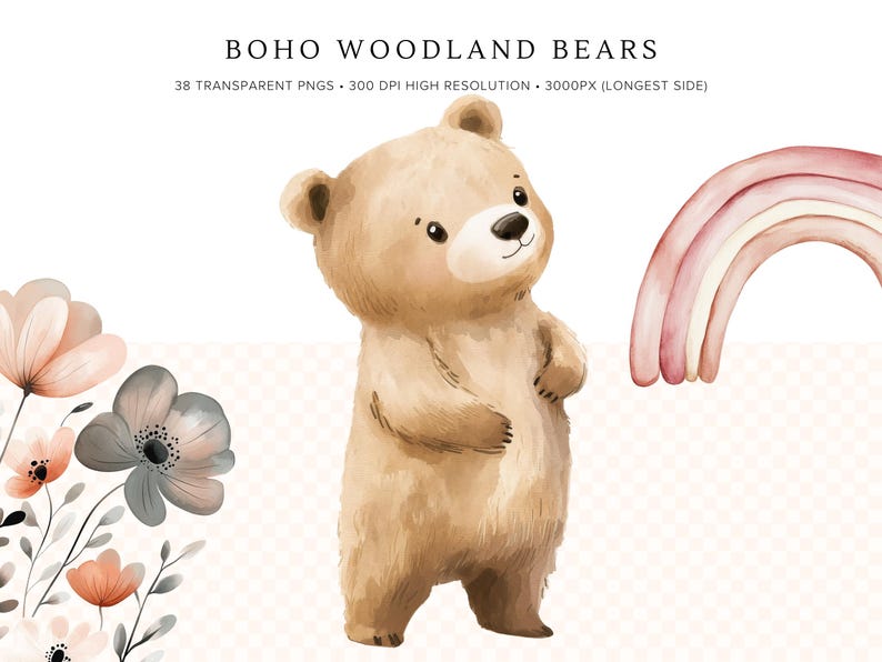 May include: A watercolor illustration of a brown bear standing in front of a pink and white rainbow. The bear is looking to the right and has a sweet expression on its face. The background is a light pink with a white polka dot pattern.