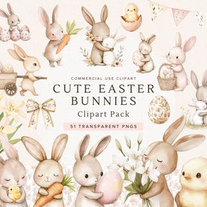 Skurrile Osterhasen Clipart, niedliche PNGs für Handwerk, Boho Scrapbook Design, entzückende Kaninchen, Aquarell Frühling Baby Shower, digitaler Download