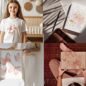 Puede incluir: Un conjunto de tres impresiones enmarcadas con mariposas de acuarela en tonos rosa y dorado. Las impresiones se muestran sobre una superficie blanca.
