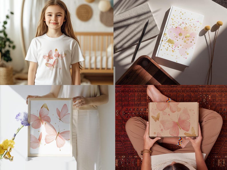 Puede incluir: Un conjunto de tres impresiones enmarcadas con mariposas de acuarela en tonos rosa y dorado. Las impresiones se muestran sobre una superficie blanca.