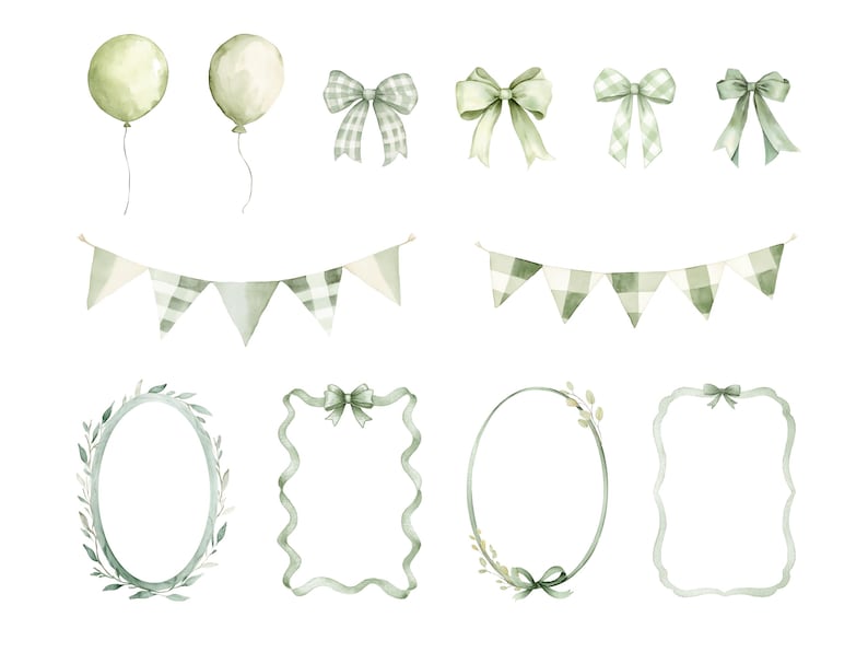 Paquete de imágenes prediseñadas de Silly Goose / Decoraciones para baby shower en verde salvia, gráficos para fiestas de cumpleaños / Animales para guardería / 67 PNG / Uso comercial imagen 6