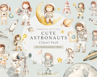 May include: Watercolor clipart pack featuring cute astronauts, rockets, planets, and stars. The image includes the text "Cute Astronauts Clipart Pack" and "30 Transparent PNGs". The illustrations are in a soft, pastel color palette.