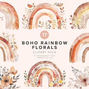 Boho Regenbogen Blumen Clipart | Kommerzielle Nutzung | Aquarell Boho Clip Art | Moderne Grafik | DIY Blumen Printable | Sofort Download