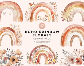 Boho Rainbow Florals Clipart | Commercial Use | Watercolor Boho Clip Art | Modern Graphics | DIY Flower Printable | Instant Download