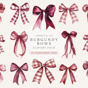 Op de afbeelding: Watercolor clipart pack met bordeauxrode strikken in verschillende stijlen. Sommige strikken zijn effen, andere hebben een ruitpatroon. De tekst "BURGUNDY BOWS CLIPART PACK" en "24 TRANSPARENT PNGS" zijn zichtbaar.