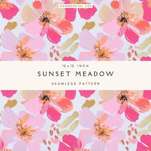 Könnte beinhalten: Ein nahtloses Muster mit großen, stilisierten Blumen in Rosa, Koralle und Pfirsich, mit goldenen Akzenten auf hellem Hintergrund. Der Text "SUNSET MEADOW" und "12 x 12 INCH" sind zu sehen. Geeignet für verschiedene Anwendungen.