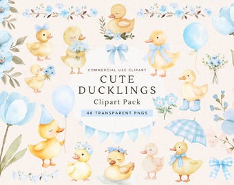 Duck with Balloon Clipart | Yellow Duckling PNG | Blue | Lucky One Birthday | Adorable Rubber Duck | Party Clipart for Kids, Cute Invitation