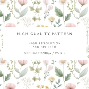 May include: Watercolor floral pattern featuring pink, white, and yellow flowers with green leaves on a white background. The image includes text that reads "HIGH QUALITY PATTERN", "HIGH RESOLUTION 300 DPI JPEG", and "SIZE: 3600x3600px / 12x12in".