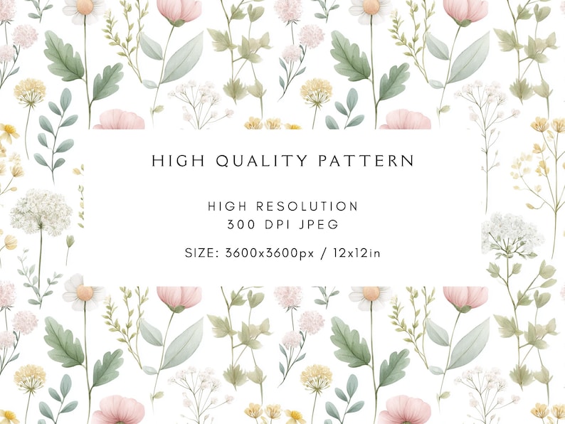 May include: Watercolor floral pattern featuring pink, white, and yellow flowers with green leaves on a white background. The image includes text that reads "HIGH QUALITY PATTERN", "HIGH RESOLUTION 300 DPI JPEG", and "SIZE: 3600x3600px / 12x12in".