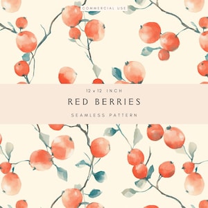 Aquarell rote Beeren nahtlose Muster | Naturinspiriertes Digitales Papier für Weihnachten Basteln, Verpackung, Scrapbooking | Urlaub Decor