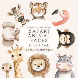 Clipart Safari bohème | Mignons visages d&#39;animaux de la jungle PNG | Bébés animaux à l&#39;aquarelle | Décoration tropicale pour chambre de bébé | Téléchargement numérique | Utilisation commerciale