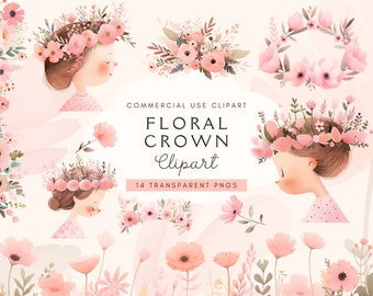 Girl With Floral Crown Clipart | Pink Watercolor Flower Png | Flower Crown Clip Art | Cute Young Girl | Spring | Commercial Use | Digital