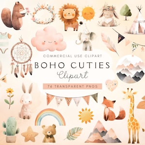 Clipart de bebé bohemio / Clipart de guardería / Habitación de niña / Baby Shower PNG / Bebé niño / Oso de peluche / Clip Art de acuarela / Clipart de animales lindos