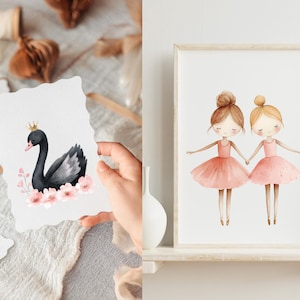 May include: Two watercolor illustrations of ballerinas in pink tutus holding hands. One ballerina has brown hair and the other has blonde hair. The illustrations are on a white background.