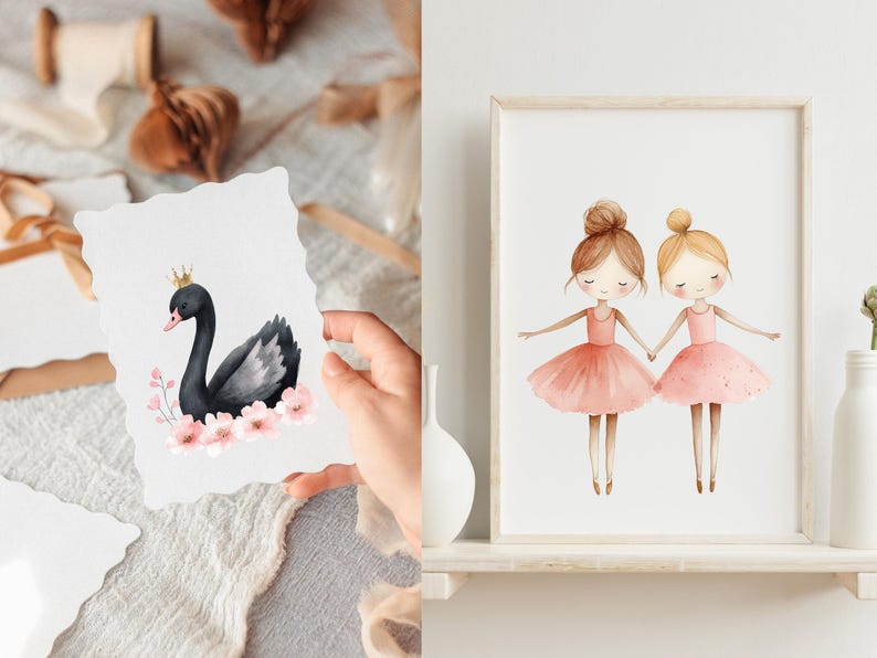 May include: Two watercolor illustrations of ballerinas in pink tutus holding hands. One ballerina has brown hair and the other has blonde hair. The illustrations are on a white background.