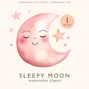 Schattige maanclipart | Roze aquarel slaperige maan illustraties | Commercieel gebruik | Sterren en maan | Slapende maan | Babyshower | Kinderkamerdecoratie