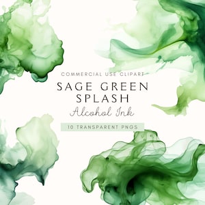 Salie groene kleur splash clipart | Penseelstreken | Abstracte illustraties | Alcoholinkt, png | Aquarel | Commercieel | Directe digitale download